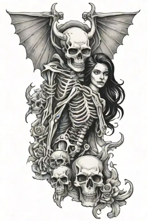 Woman And Skeleton And Demon