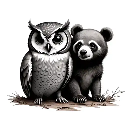 Baby Owl And Bear Cub Looking