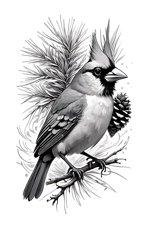 Cardinal Carrying A Pinecone With Japanese Waves