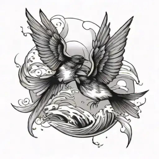 Two Swallows Flying Towards Each Other Over A Stormy Sea With Shading Fine Line