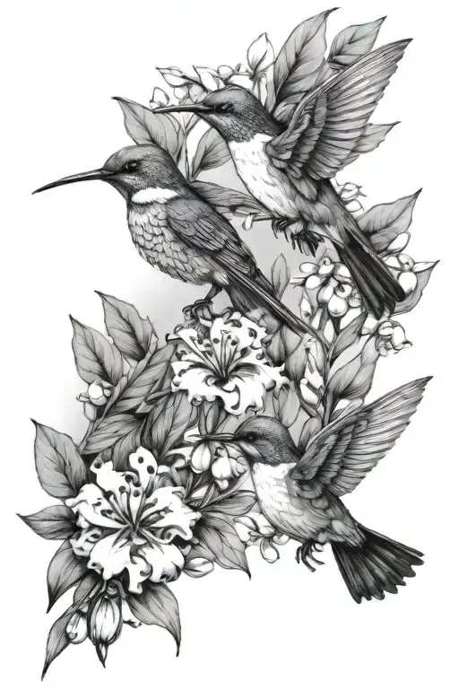 Hawthorn And Lily Of The Valley Flowers With 2 Humming Birds