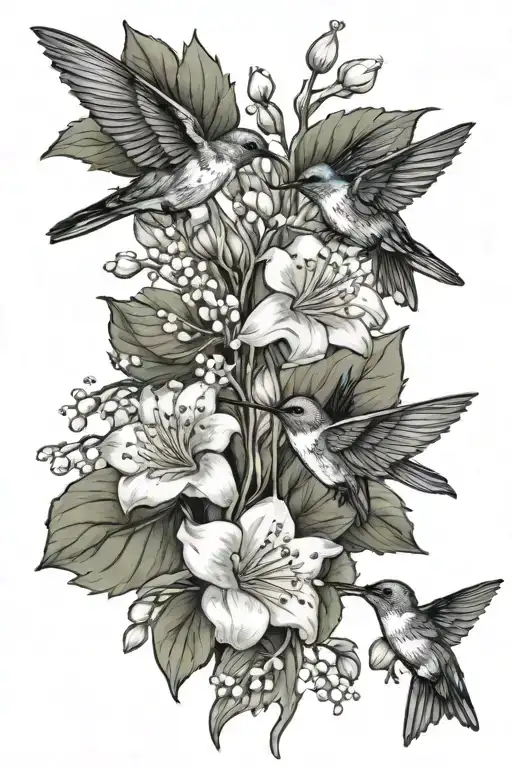 Thin Line Hawthorn And Lily Of The Valley Flowers With 2 Humming Birds Drinking From It