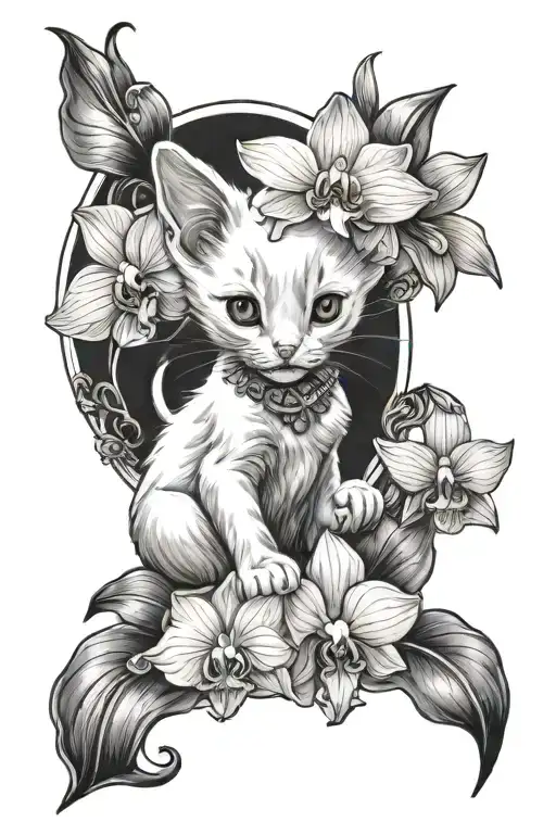 White Kitten And Orchid Flowers