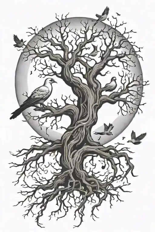Poison Tree With No Leaves Deep Roots With Doves Flying Away And A Moon In The Backround