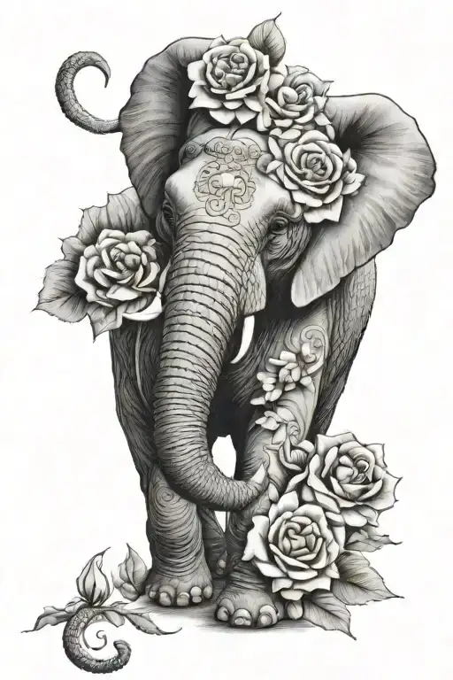 Elephant With Rose And Chrysanthemum