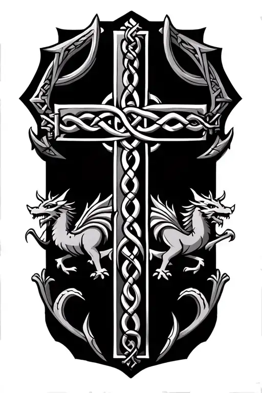 Celtic Cross And Welsh Dragon With Celtic Knot Intertwined