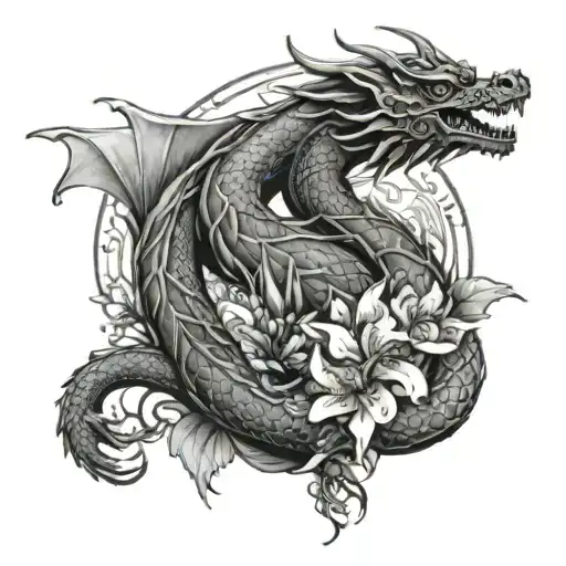 Dragon And Sakura Flowers