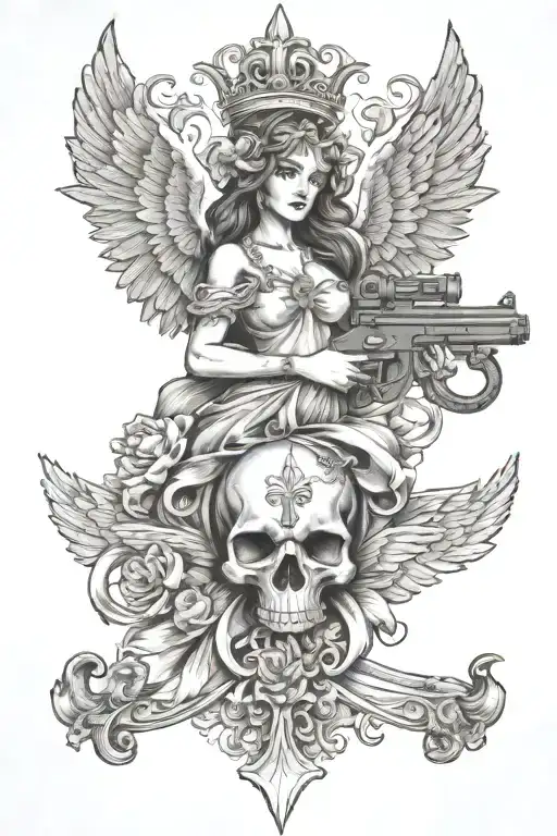 Fleur De Lis Surrounded By Angel Holding A Guns Money Drugs
