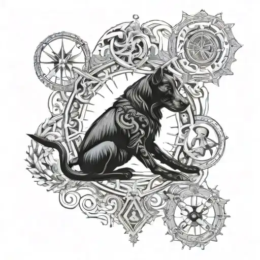 A Tattoo Of A Majestic Black Dog Surrounded By Mystical Symbols And Tarot Cards
