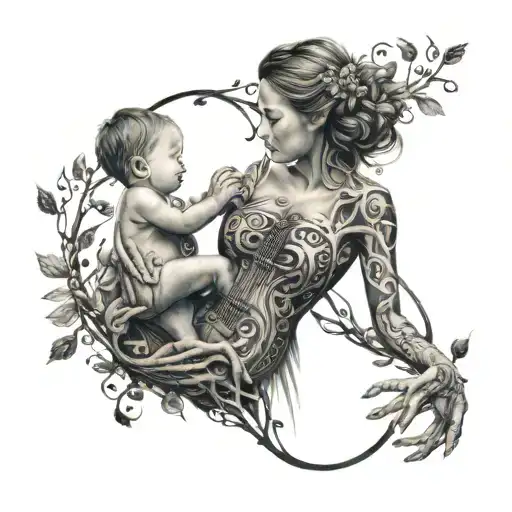 A Mother Holding Her Child Surrounded By A Tree Of Life Made Of Music Notes