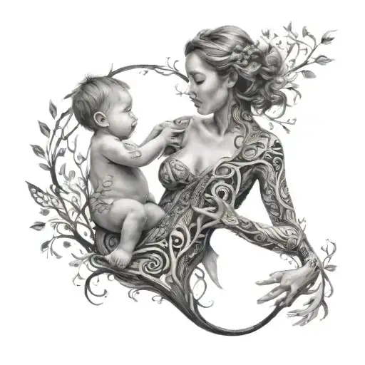A Mother Holding Her Child Surrounded By A Tree Of Life Made Of Music Notes