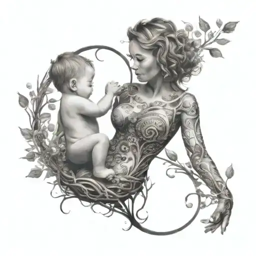 A Short-haired Mother Holding Her Child Surrounded By A Tree Of Life Made Of Music Notes