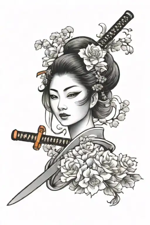 Geisha Face With Katana Japanese Backgroung Flowers And Waves Black And Grey