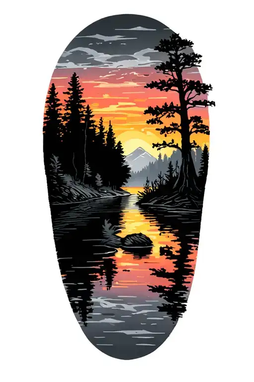 Nature Elements Like Trees Colors Sunset Over Lake