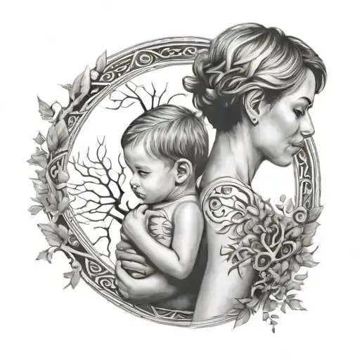 A Mother With Very Short Hair Holding Her Child Surrounded By A Tree Of Life