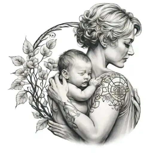 A Mother With Very Short Hair Holding Her Child Surrounded By A Tree Of Life