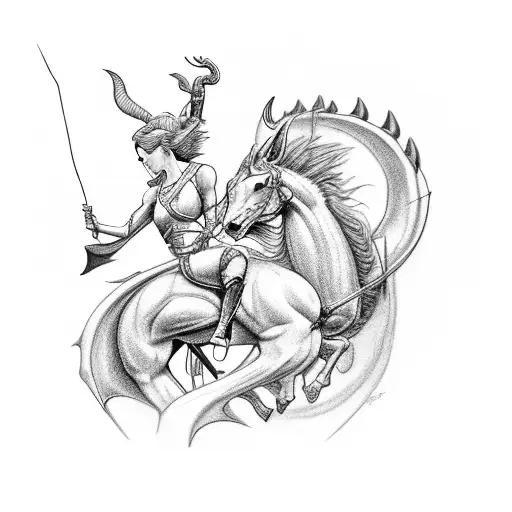 A Centaur With A Bow And Arrow Who Cuddles With A Dragon