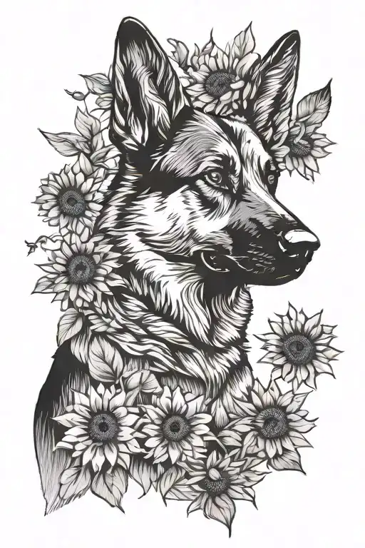 German Shepherd Dog With Sunflowers Wrapped Itself