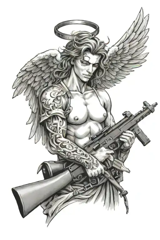 Angel Keeps His Eyes Shut With A Band Holding A Rifle