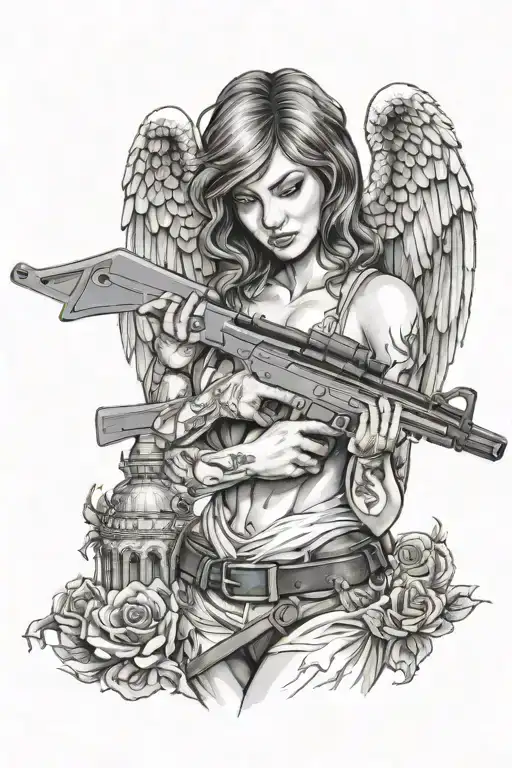 Female Angel Keeps His Eyes Shut With A Band Holding A Rifle