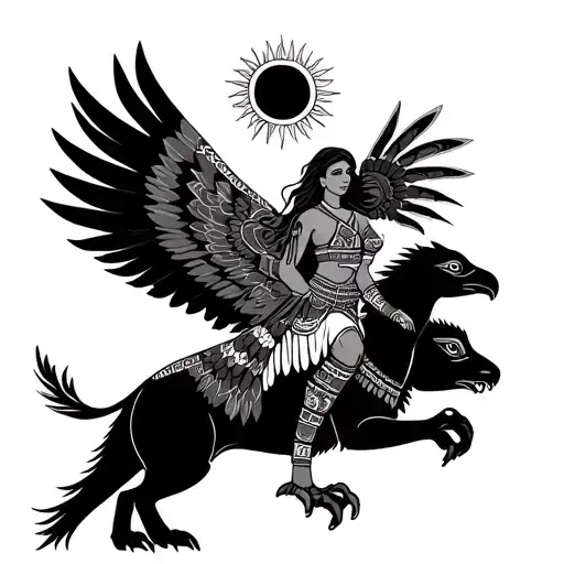 Aztec Goddess Eagle Woman Riding Aztec Animal With Sun Above