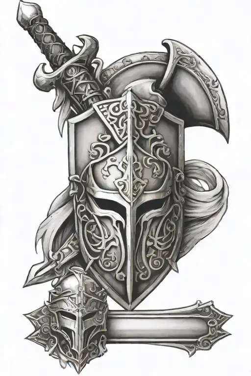 Sword And Shield With Warriors Helmet Adorned