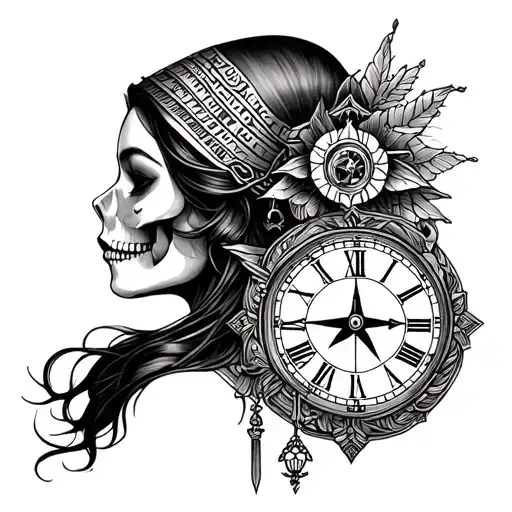 Memento Mori Woman Tattoo With Egyptian Clock And Compass And Balance