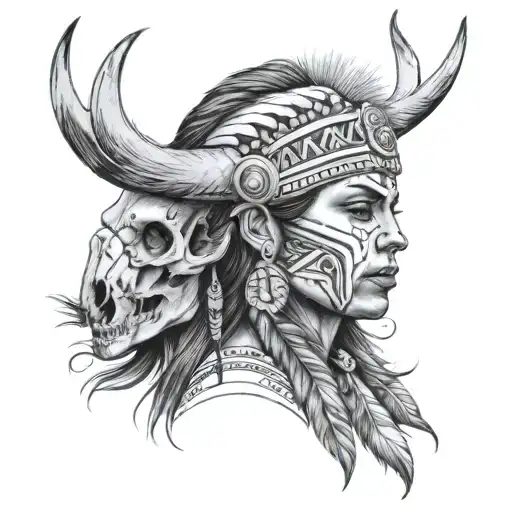 Half Bison Skull With Other Half Native American Woman Face