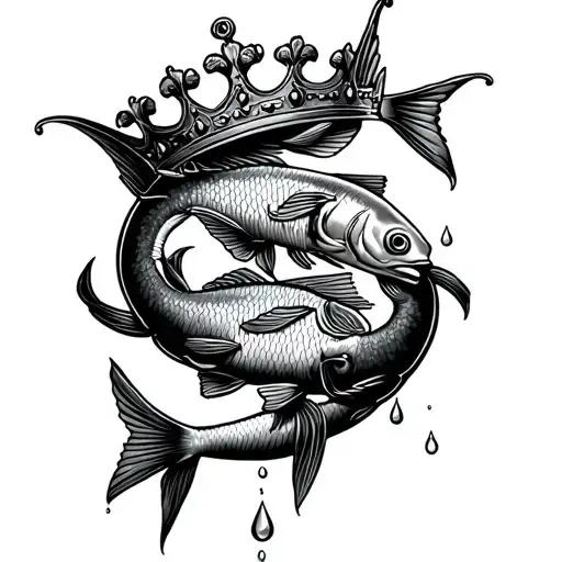 Crown Over Pisces Sign Over 2 Fish Swimming Over Falling Man Over Droplet