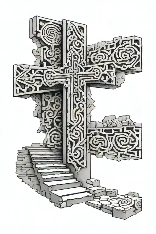 Stairs Leading To A Cross With Mayan Patterns In The Background