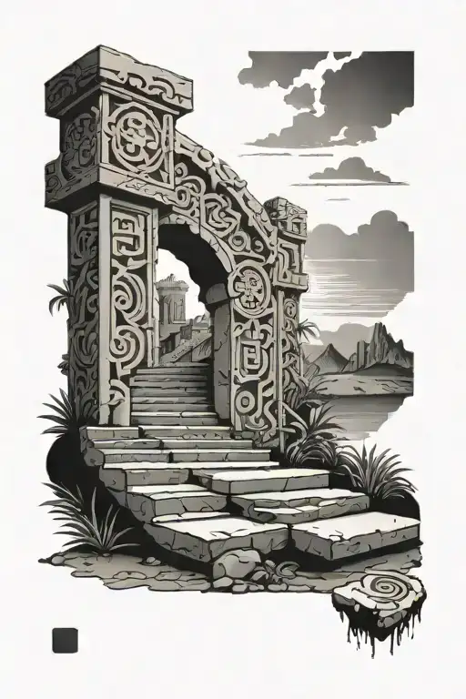 Stairs Leading To A Cross With Mayan Patterns In The Background