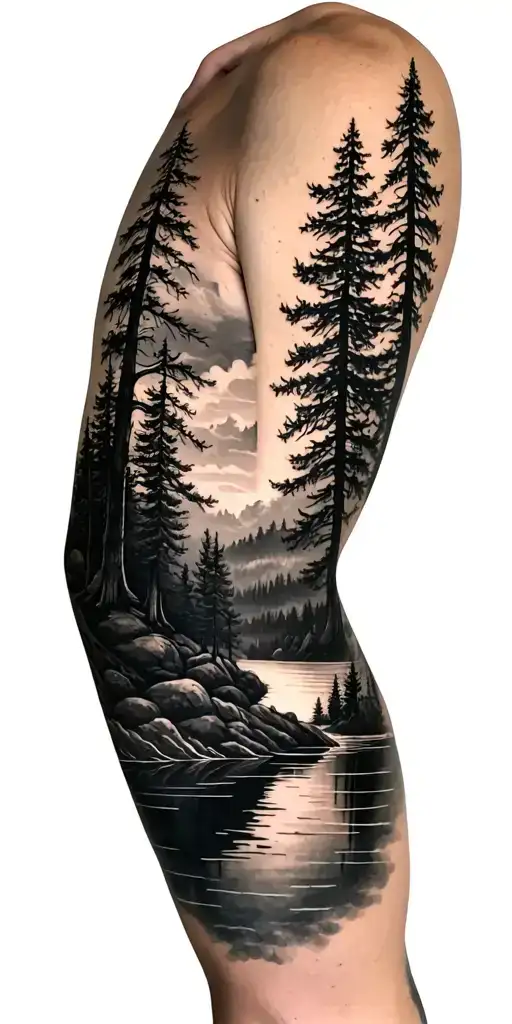 Lake Surrounded By Trees Going From Top Of Shoulder To Forearm