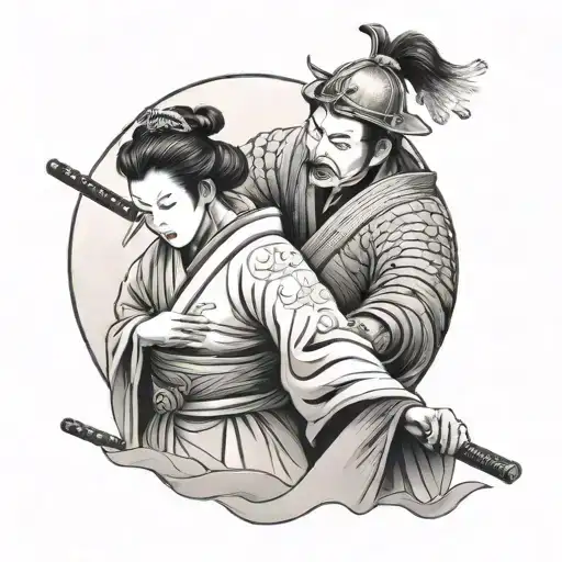 Samurai Kissing A Geisha Holding Sword