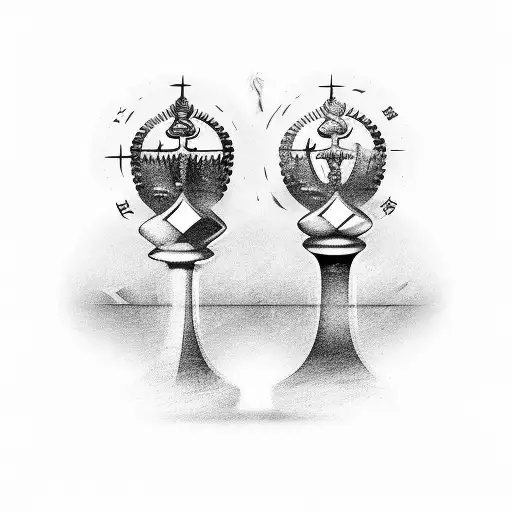 Queen And King Chess Pieces Crossed One Against The Other With A Chessboard In The Background