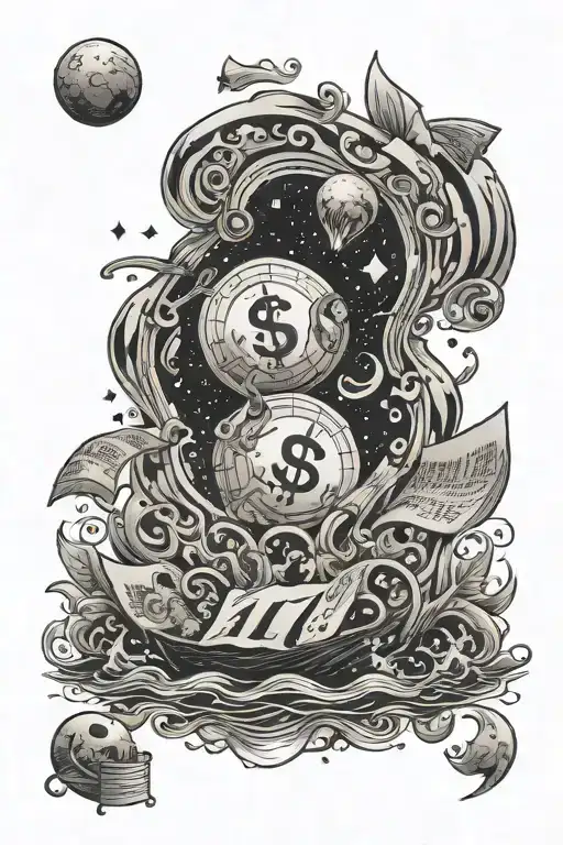 A Cosmic Ocean Scene With Money Floating In The Water And Music Notes In The Sky