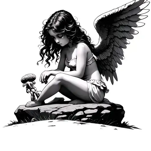 Teenage Femal Angel Sitting On Rock Head Down Playing With A Small Toy Rattle