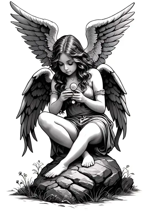 Teenage Femal Angel Sitting On Rock Head Down Playing With A Small Toy Rattle