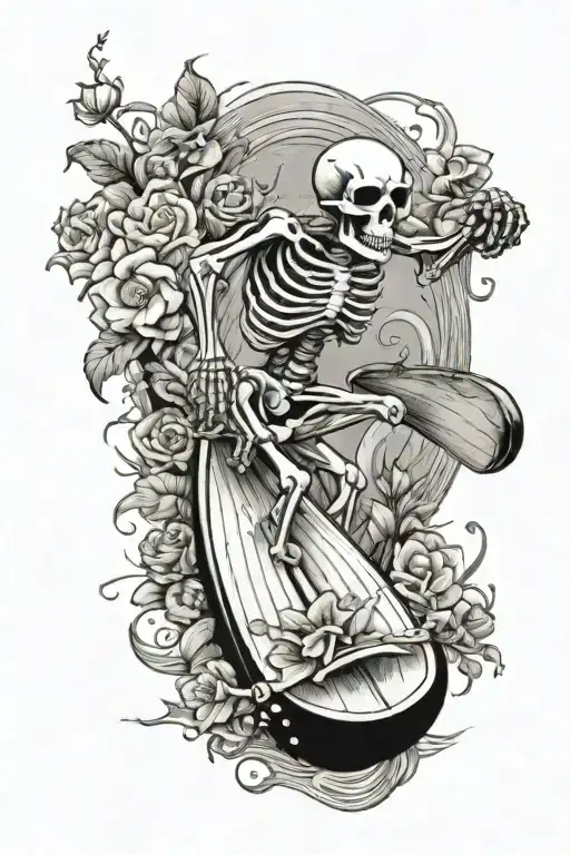 Skeleton Surfing In A Barrell With Flowers