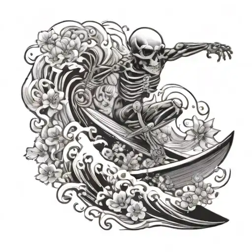 Skeleton Surfing In The Distance On Waves With Flowers