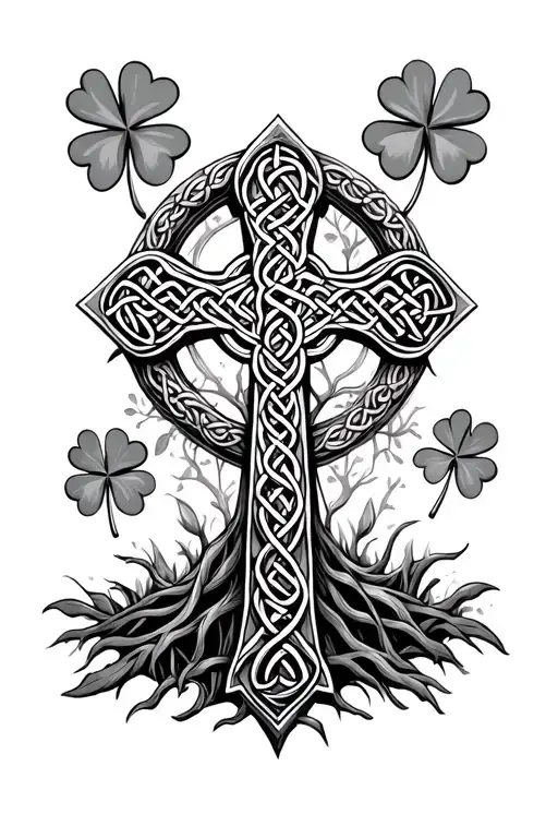 Celtic Cross Surrounded By Shamrocks And Celtic Knots With The Tree Of Life And Celtic Harp