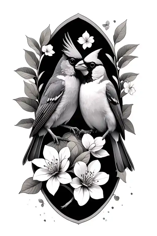 Male And Female Cardinal Sitting On A Dogwood Flowers