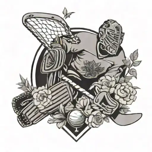 A Black And Grey Tattoo Of A Goalie Blocking A Puck While Surrounded By A Field Of Flowers