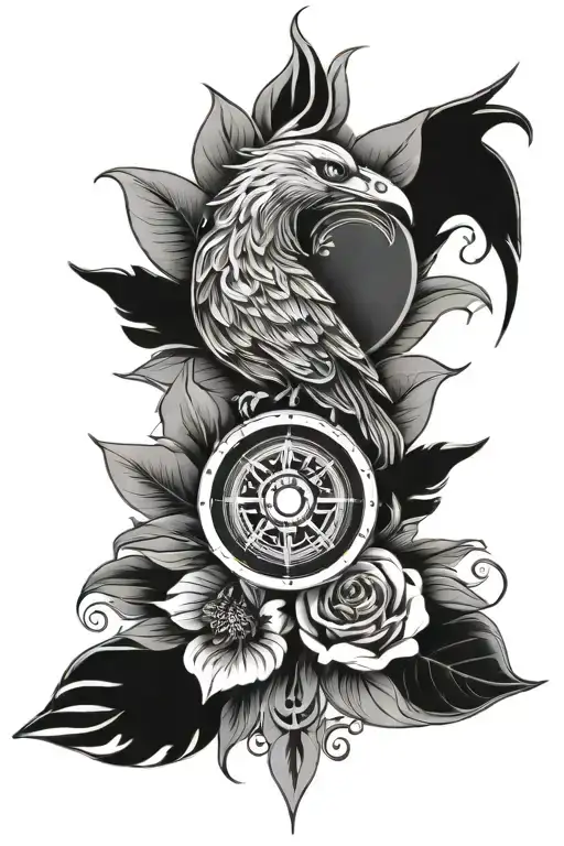 Flower With Compass Rose Intertwined And Phoenix Bird