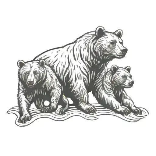 Bear Silhouette Surrounded By 5 Cubs