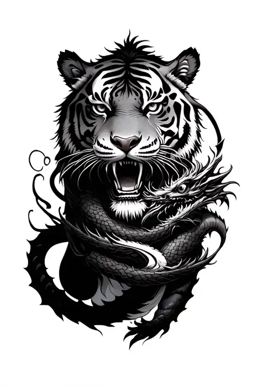 A Jappanse Style Tiger With A Dragon Wrapped And A Posion Treee