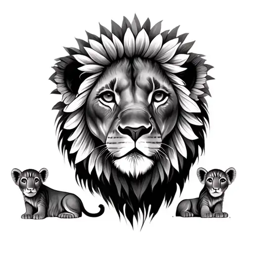 Lioness With 2 Cubs With Sunflower Background Half Sleeve In Color