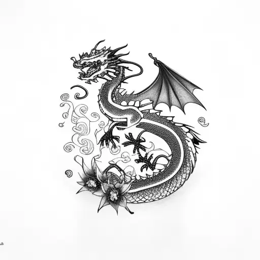 Dragon With Flowers Mixed With Japanese Letters