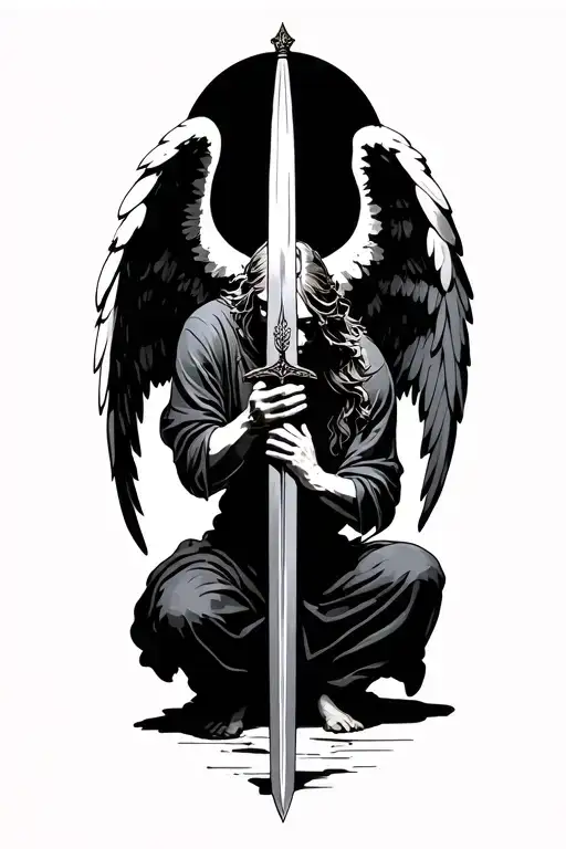 Angel Holding A Sword With Man Praying On His Knees