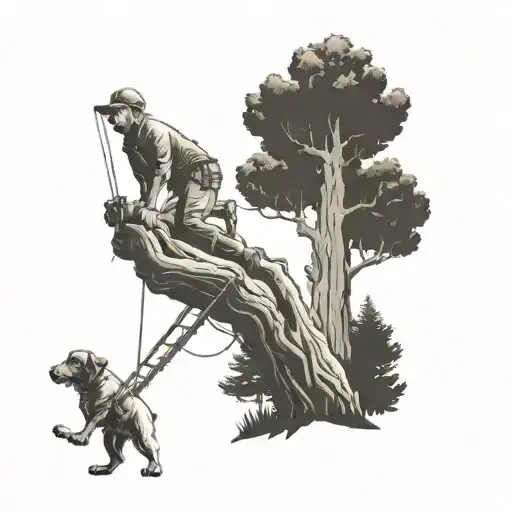 A Camping Scene With A Lineman Climbing A Tree To Rescue A Dog