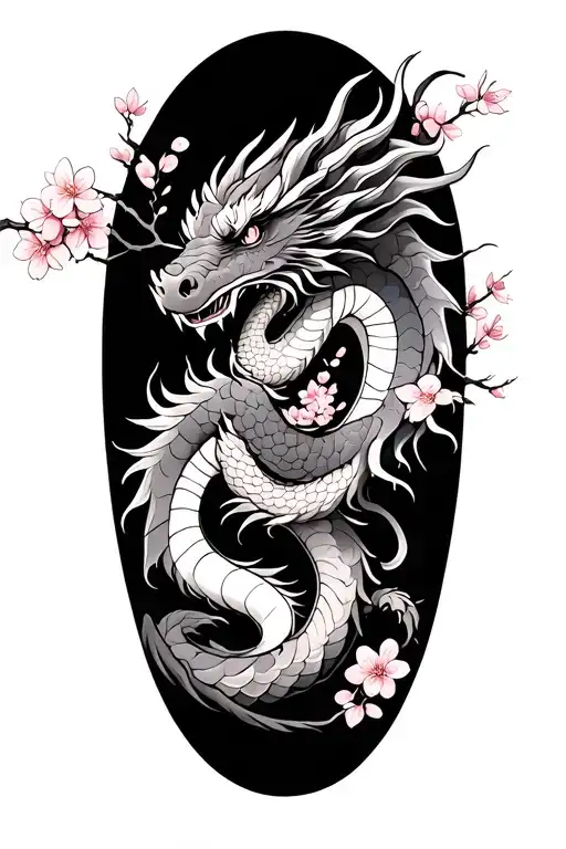 Japanese Dragon With Cherry Blossoms Portrait Length